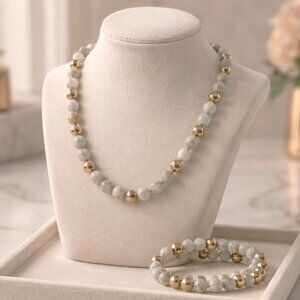 Matte Light Green &Tan Amazonite Beads with Gold Spacers Necklace &‎ Bracelet